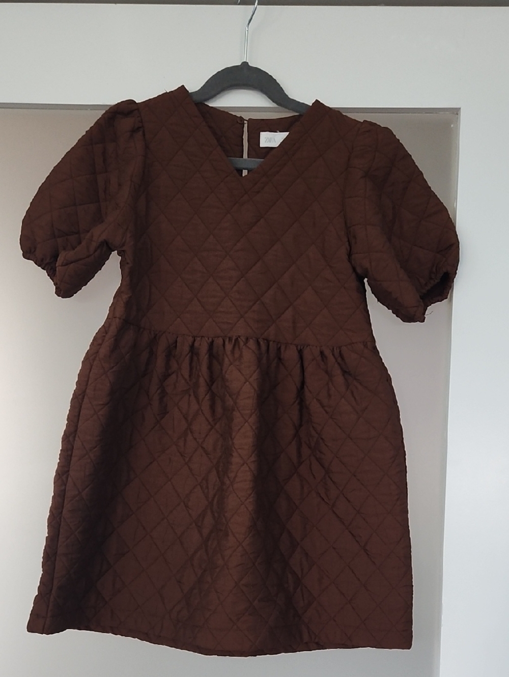 Zara Quilted Puff-Sleeve Kids Dress in Brown